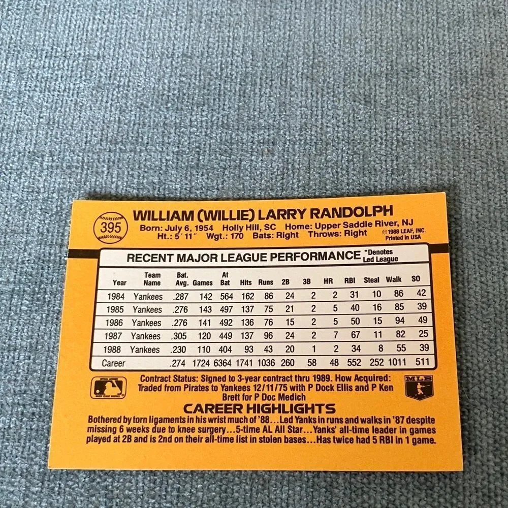 1989 Donruss New York Yankees Baseball Card Trading Card